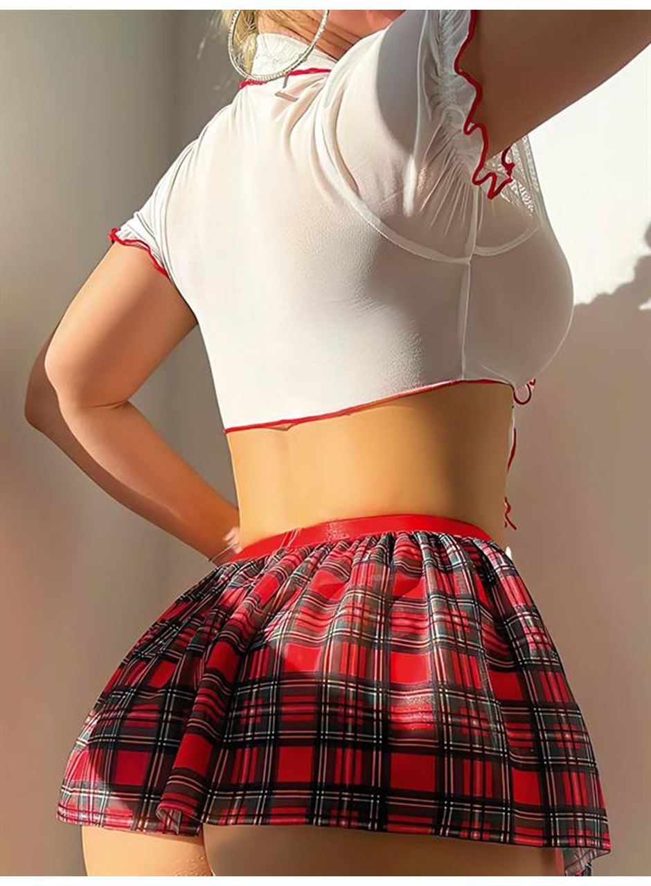 Şık Tasarım Tül Ekose Etekli Üst Kısmı Bağlamalı Fantezi Öğrenci Kostümü