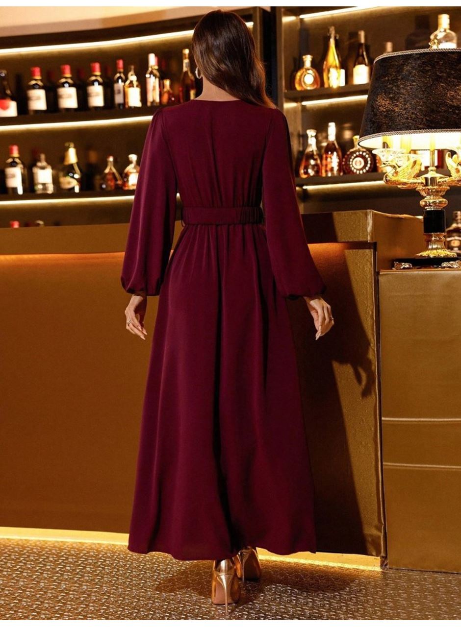 Kadın Uzun Kollu Kruvaze Yaka Beli Kemerli Yırtmaçlı Uzun Ithal Krep Elbise