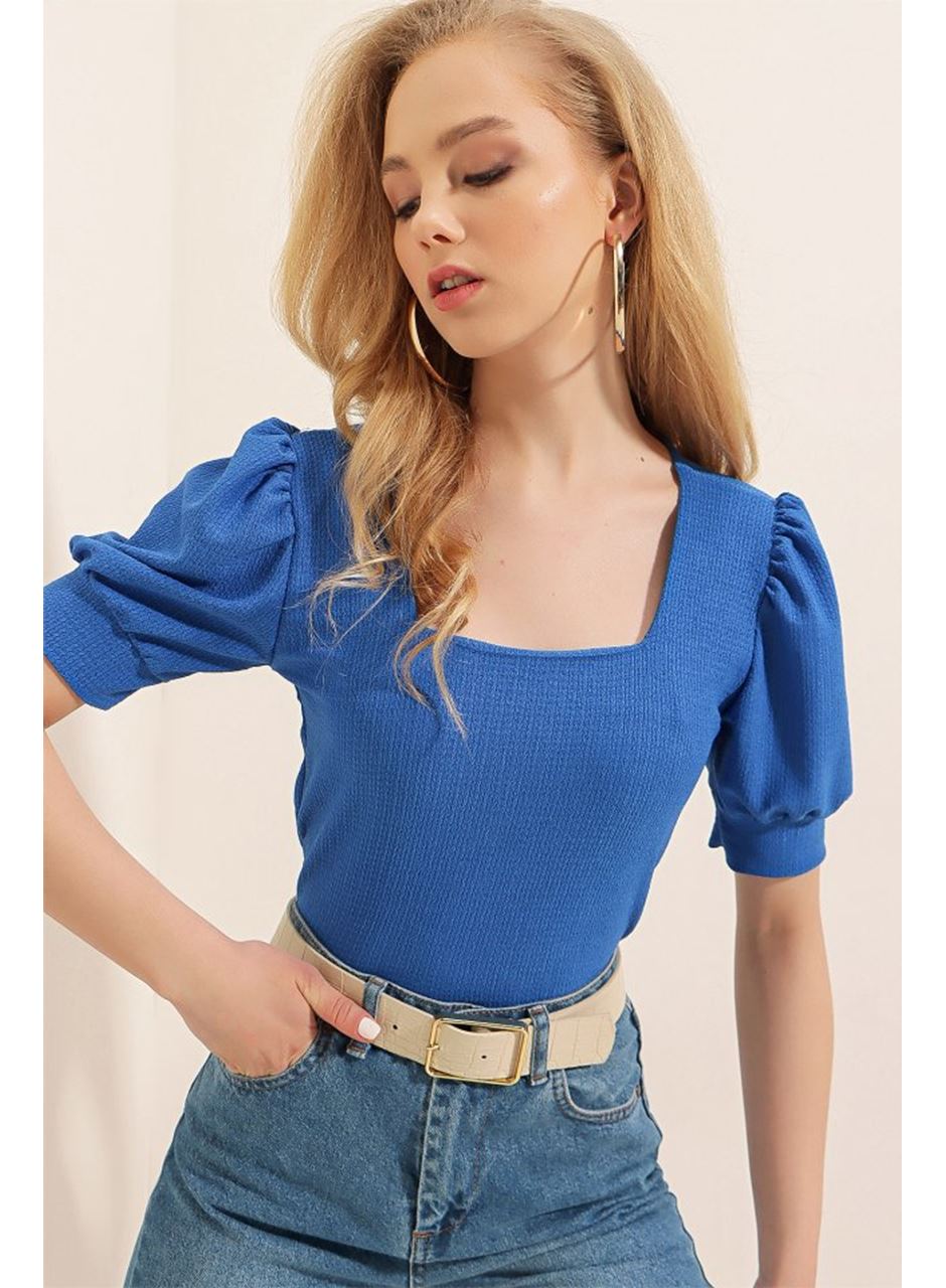 0409 Kare Yaka Örme Bluz - Saks