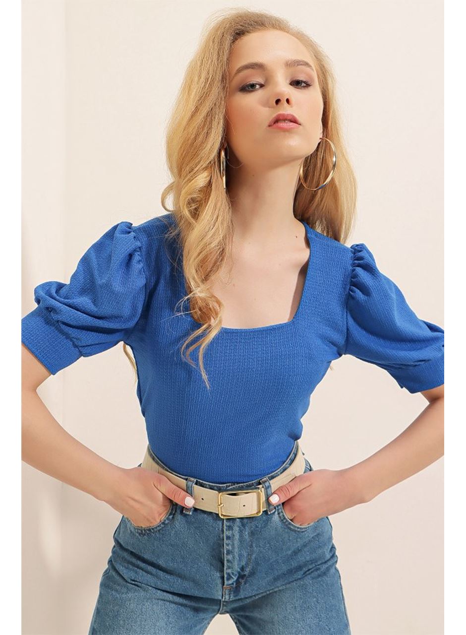 0409 Kare Yaka Örme Bluz - Saks