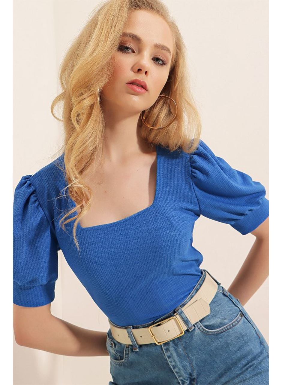 0409 Kare Yaka Örme Bluz - Saks