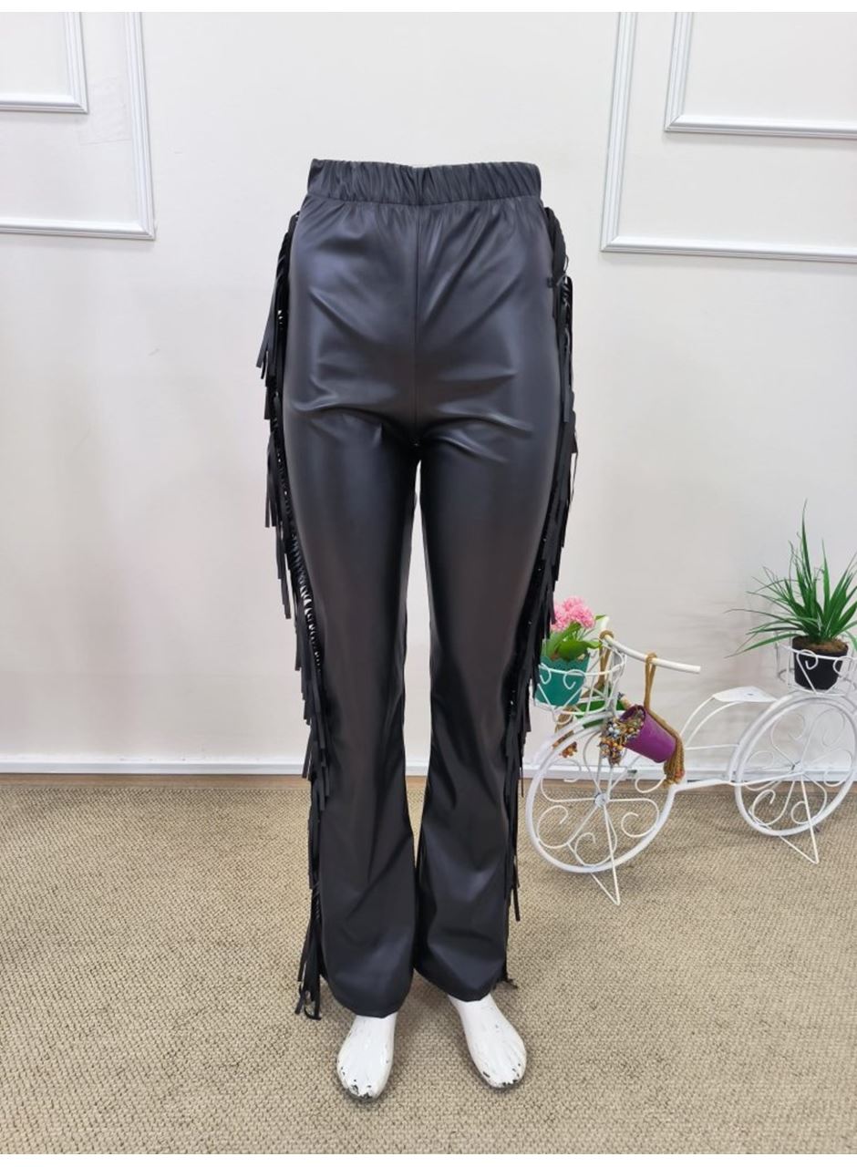 Kadın Yüksek Bel Yanlardan Püsküllü Deri Pantolon
