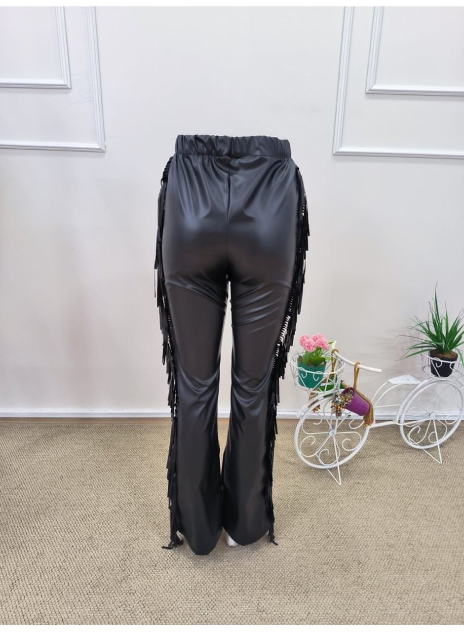 Kadın Yüksek Bel Yanlardan Püsküllü Deri Pantolon