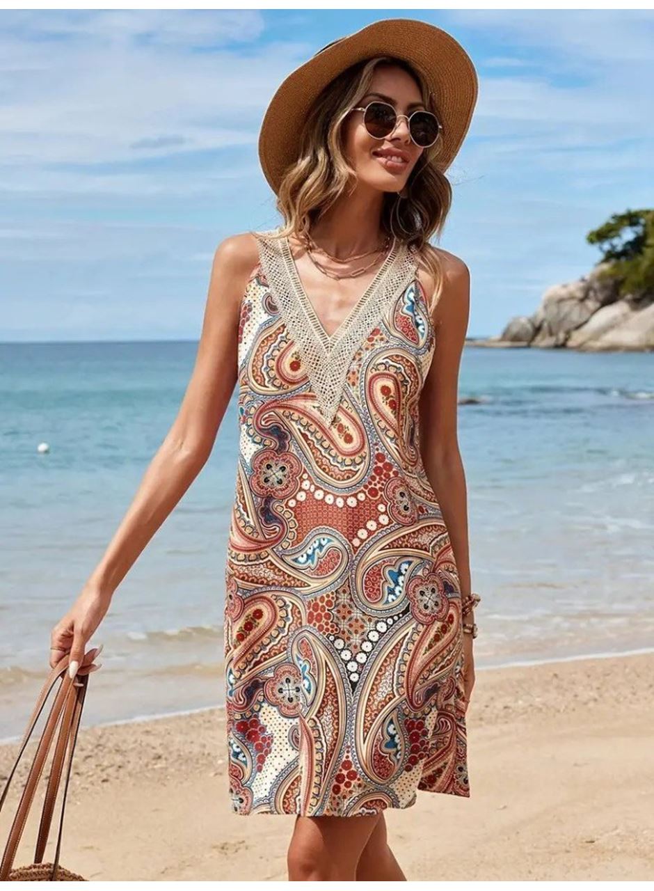 Kadın Kısa Kollu Dantel V Yakalı Desenli Süprem Elbise