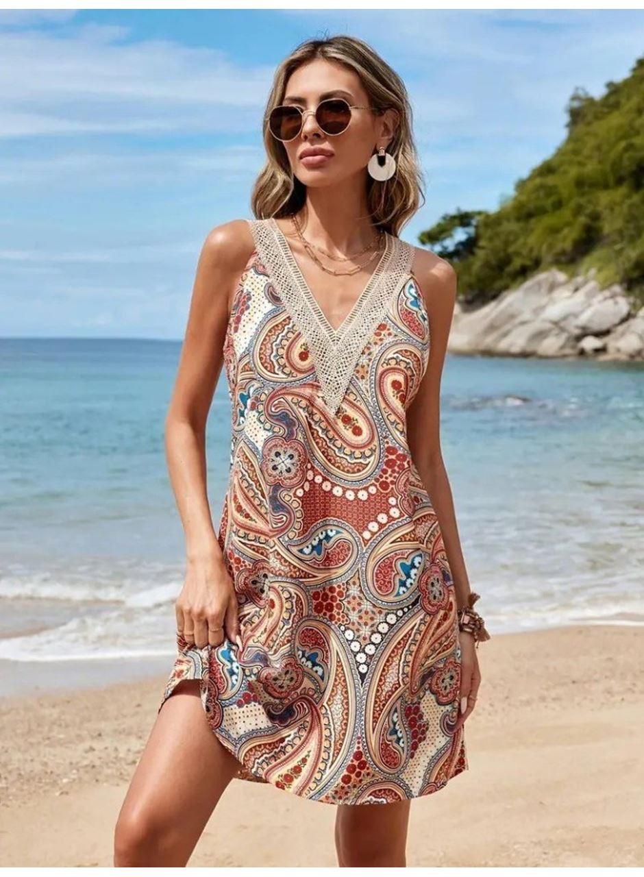 Kadın Kısa Kollu Dantel V Yakalı Desenli Süprem Elbise