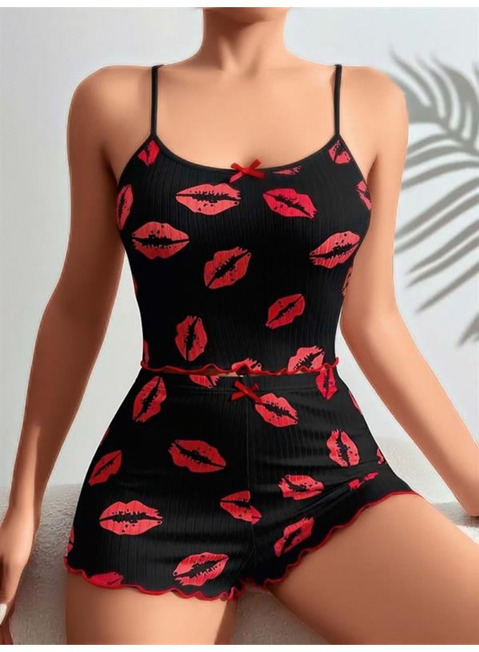 Pamuklu Kiss Öpücük Desen Siyah Fitilli Şortlu Pijama Takımı