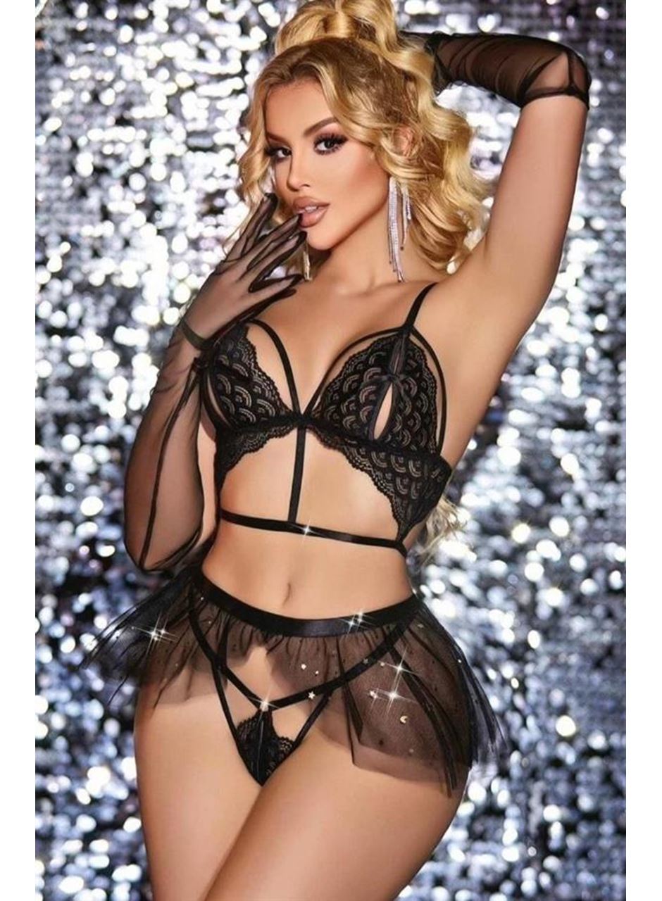 Transparan Siyah Tül Eldivenli Taşlı Etekli Fantezi Sütyen Takımı