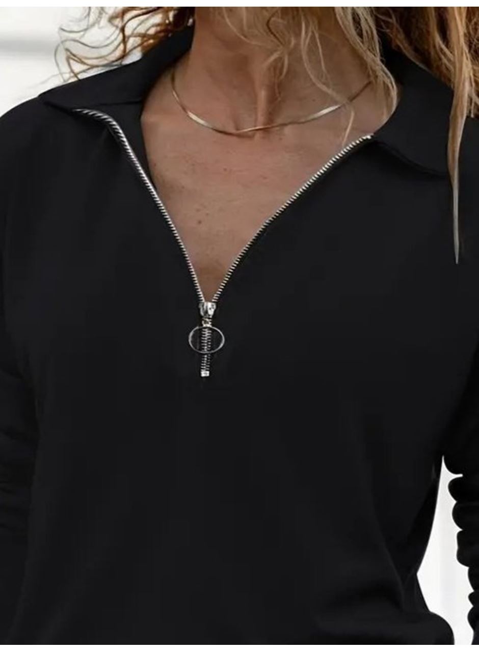 Kadın Uzun Kollu Yakalı Fermuarlı Iki Iplik Bluz