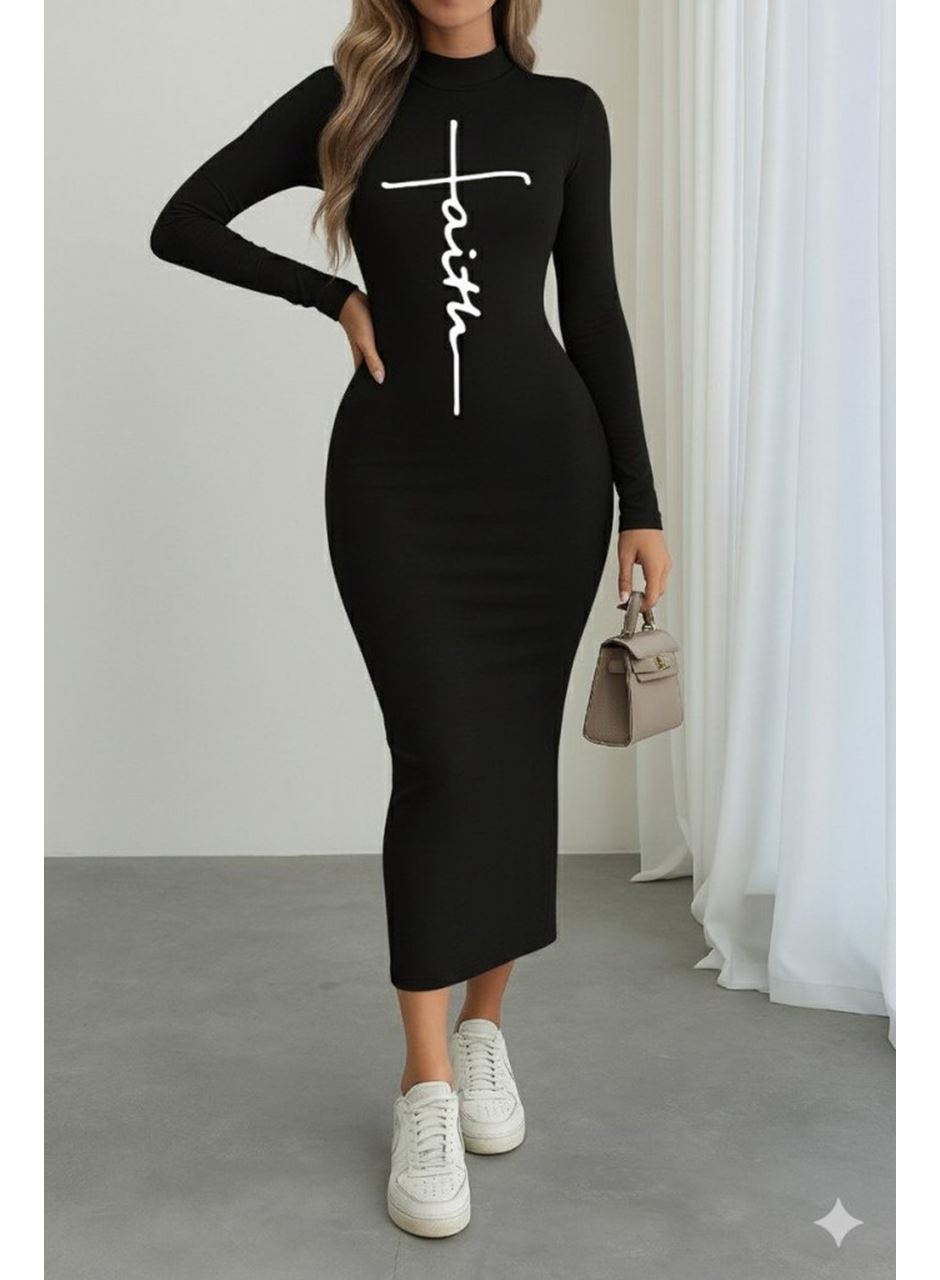 Kadın Uzun Kollu Boğazlı Baskı Detaylı Viskon Tam Boy Elbise