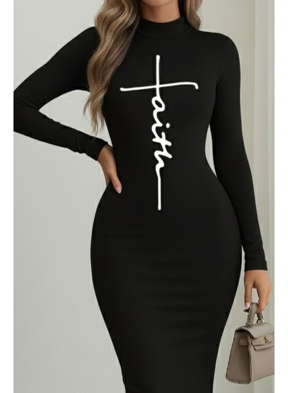 Kadın Uzun Kollu Boğazlı Baskı Detaylı Viskon Tam Boy Elbise