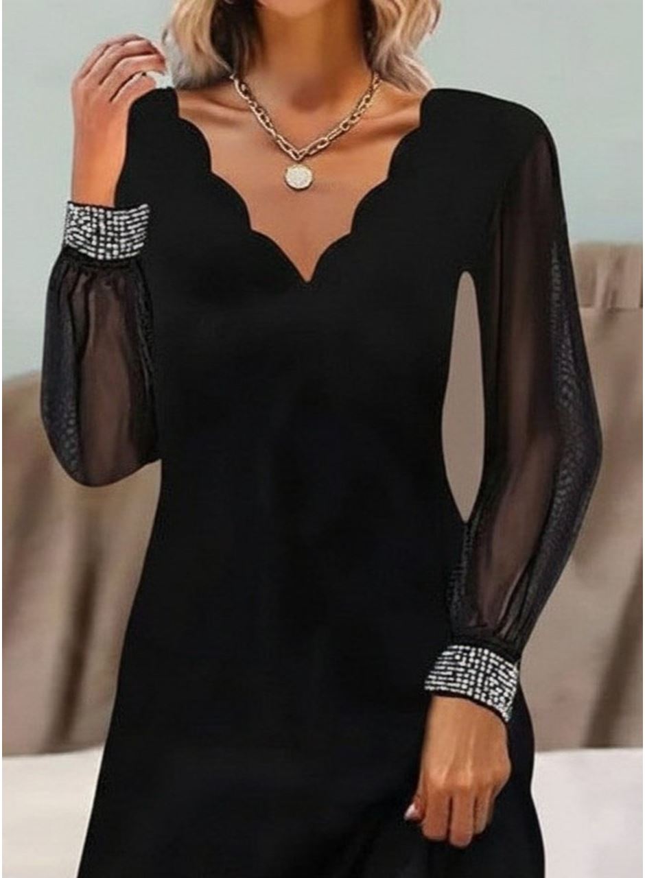 Kadın Uzun Kollu V Yaka Lazer Kesimli Tül Detaylı Mini Ithal Krep Elbise
