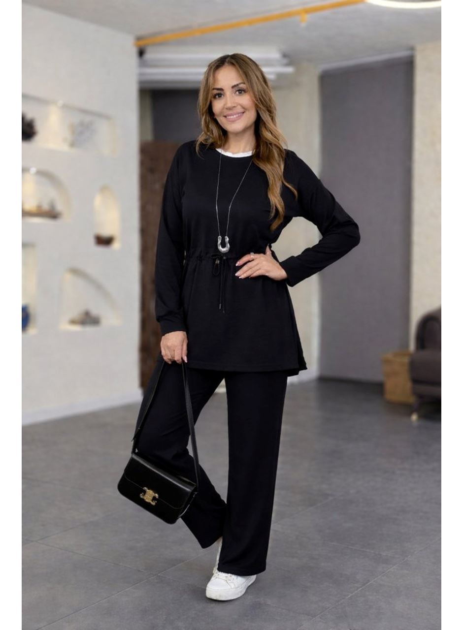 Kadın Uzun Kollu Bisiklet Yaka Belden Büzgülü Bağcıklı Viskon Iki Iplik Bluz Ve Pantolon Ikili Takım