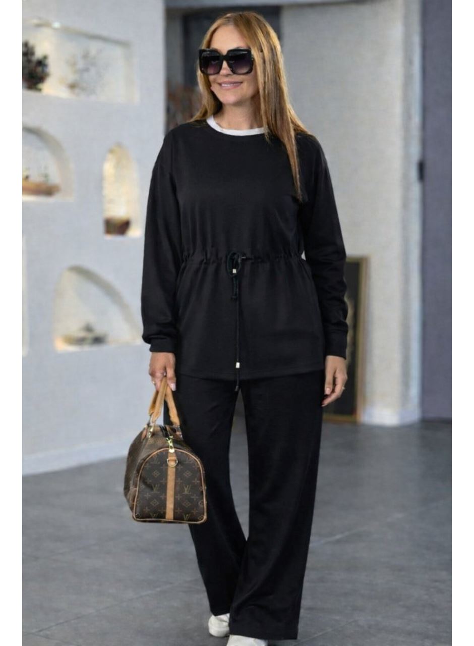 Kadın Uzun Kollu Bisiklet Yaka Belden Büzgülü Bağcıklı Viskon Iki Iplik Bluz Ve Pantolon Ikili Takım