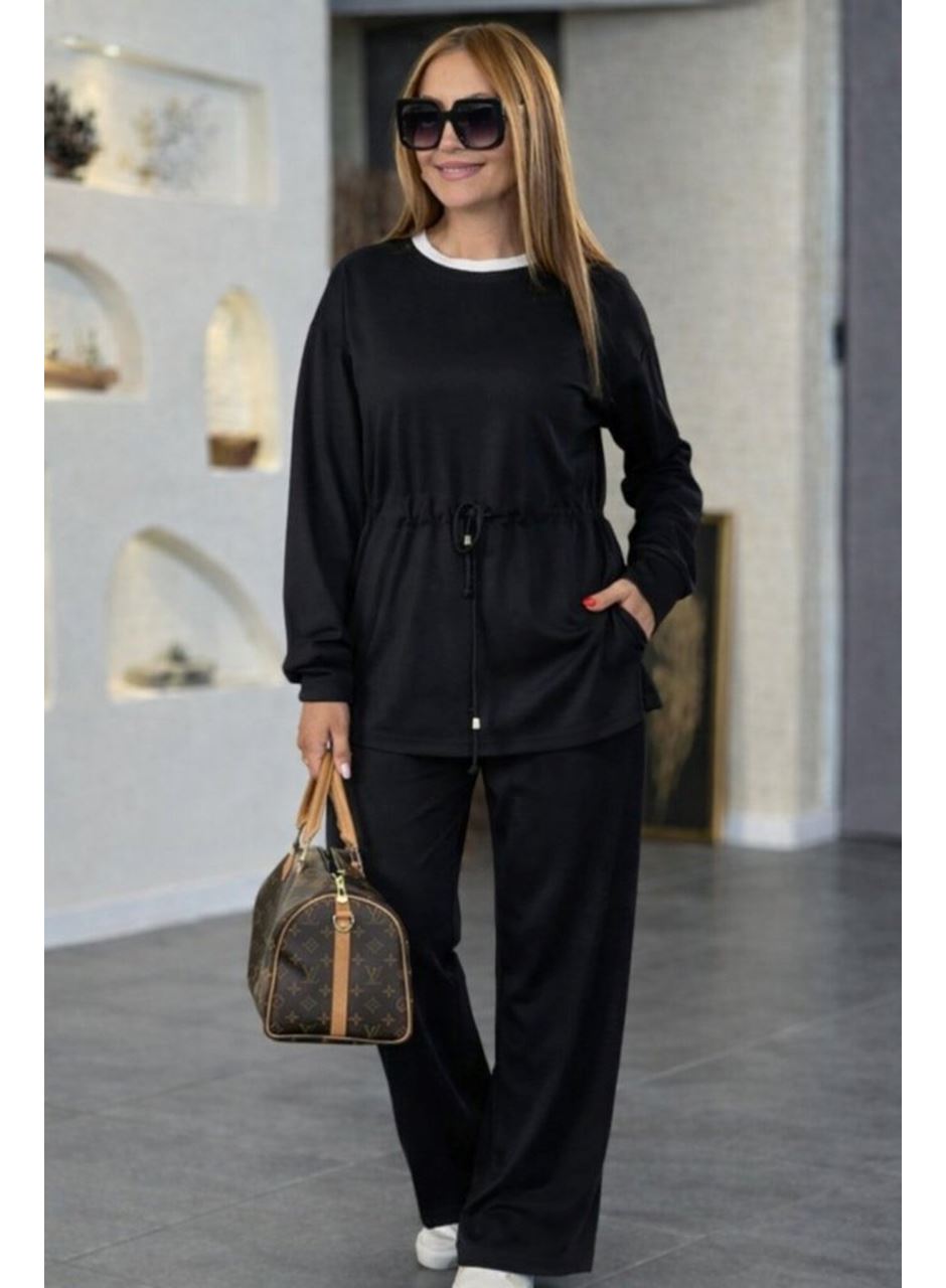 Kadın Uzun Kollu Bisiklet Yaka Belden Büzgülü Bağcıklı Viskon Iki Iplik Bluz Ve Pantolon Ikili Takım