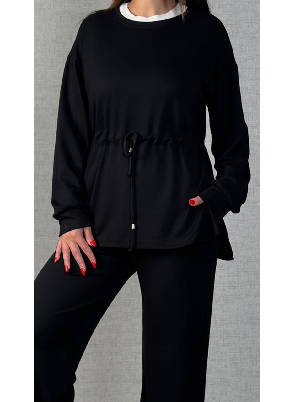 Kadın Uzun Kollu Bisiklet Yaka Belden Büzgülü Bağcıklı Viskon Iki Iplik Bluz Ve Pantolon Ikili Takım