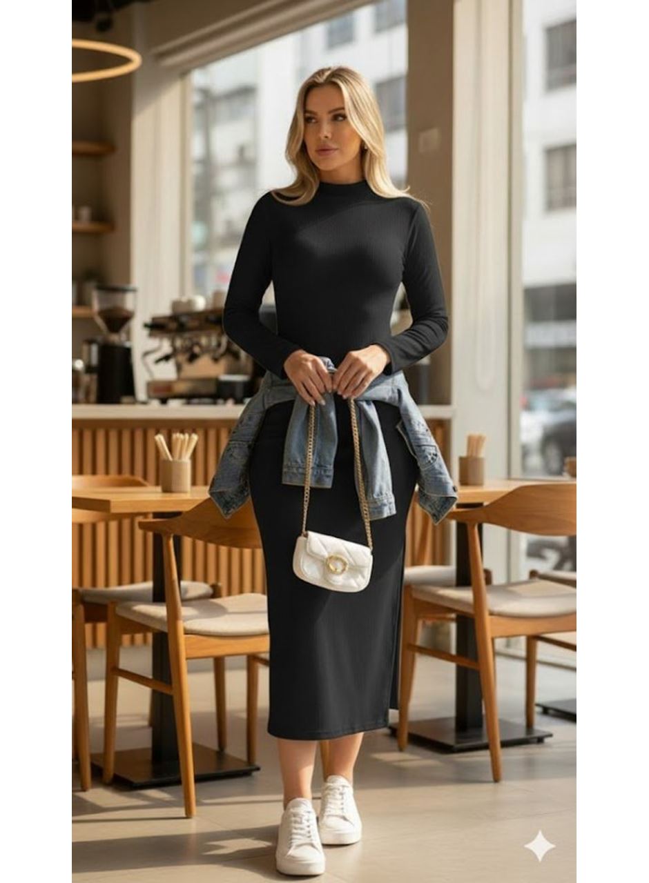 Kadın Uzun Kollu Balıkçı Yakalı Yanlardan Yırtmaçlı Kaşkorse Maxi Elbise