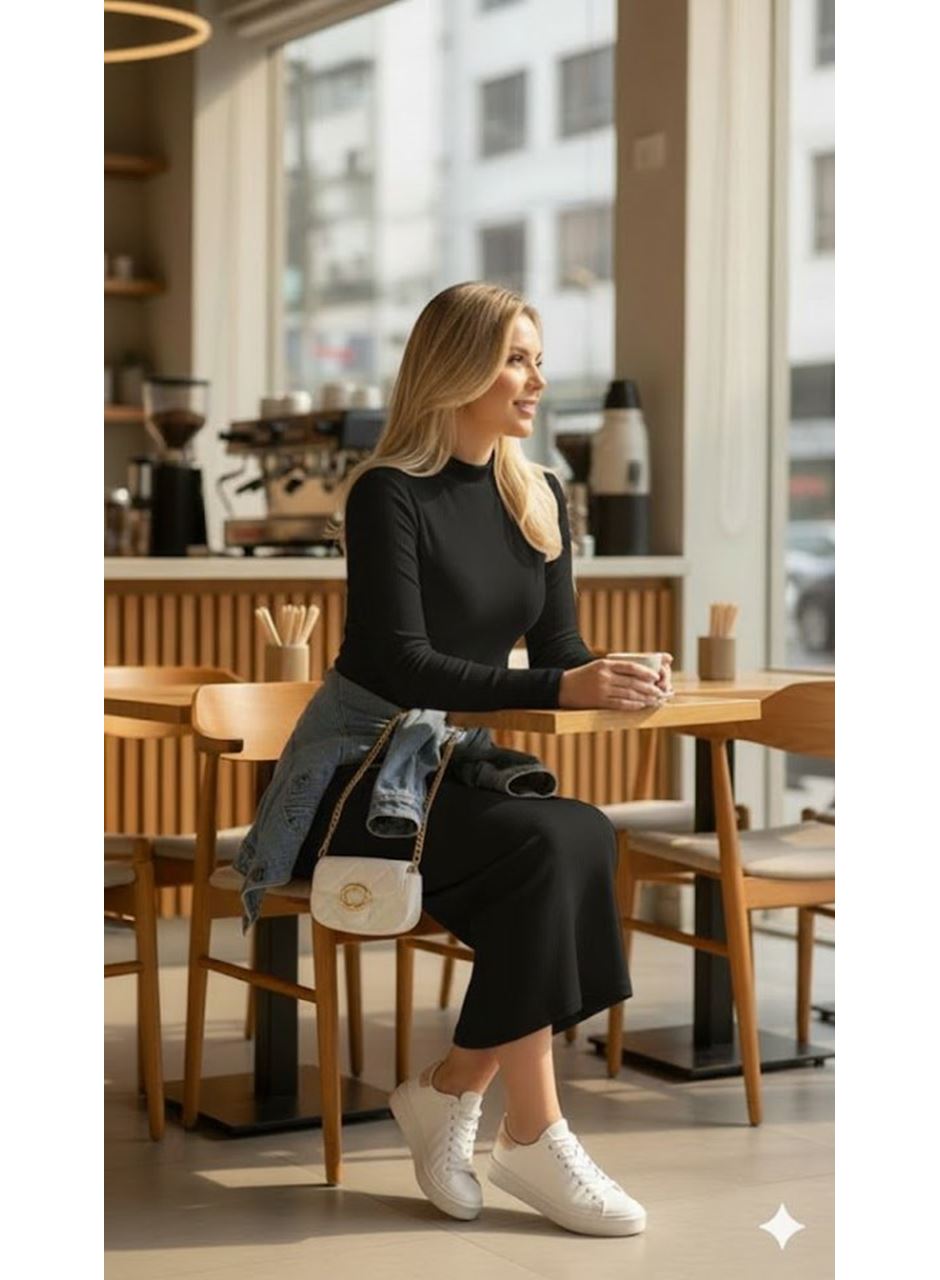 Kadın Uzun Kollu Balıkçı Yakalı Yanlardan Yırtmaçlı Kaşkorse Maxi Elbise