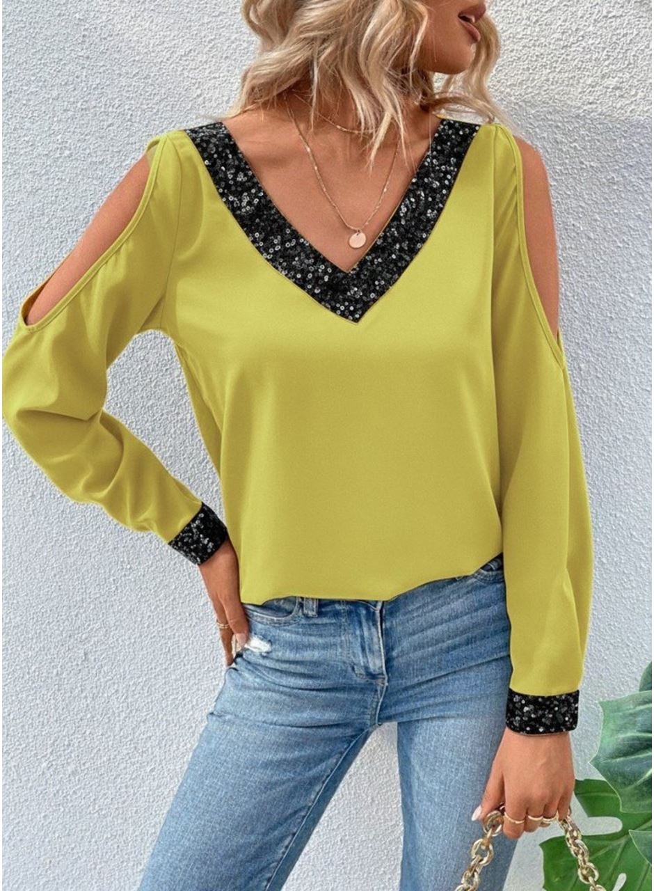 Kadın Uzun Kollu V Yakalı Omuzlardan Açık Sandy Bluz