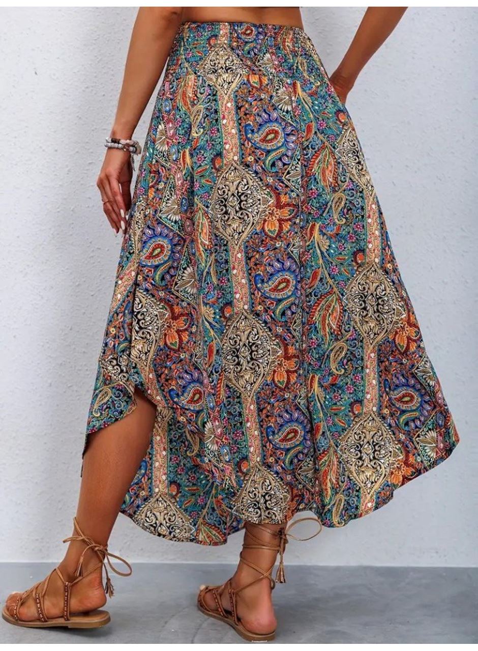 Kadın Beli Lastikli Bağcıklı Asimetrik Kesim Detaylı Desenli Bürümcük Etek