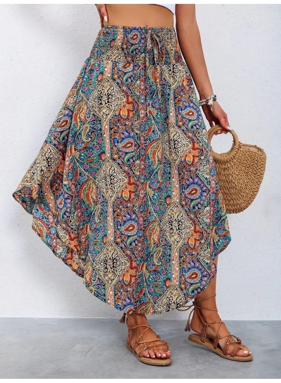 Kadın Beli Lastikli Bağcıklı Asimetrik Kesim Detaylı Desenli Bürümcük Etek