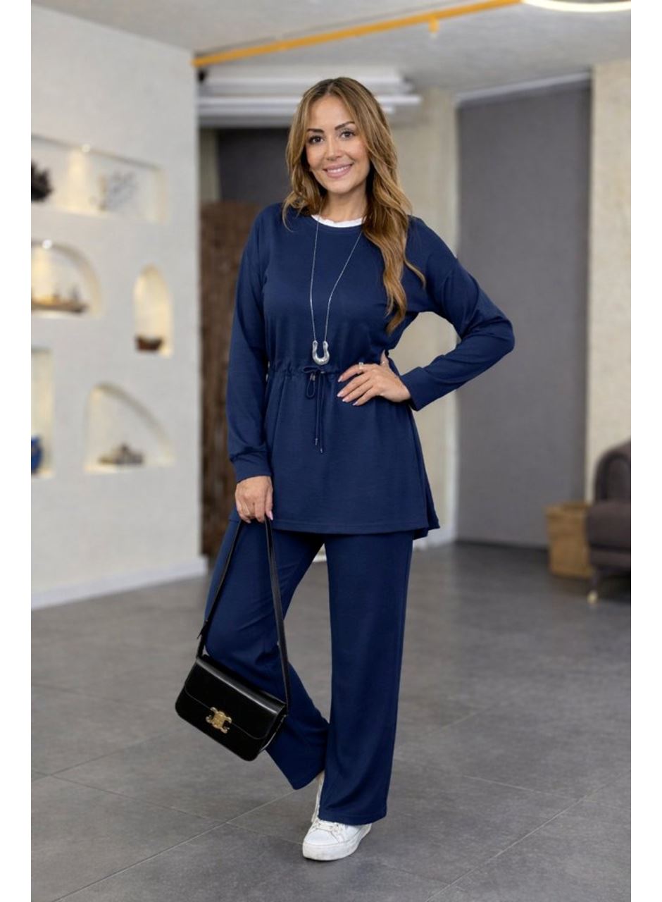 Kadın Uzun Kollu Bisiklet Yaka Belden Büzgülü Bağcıklı Viskon Iki Iplik Bluz Ve Pantolon Ikili Takım