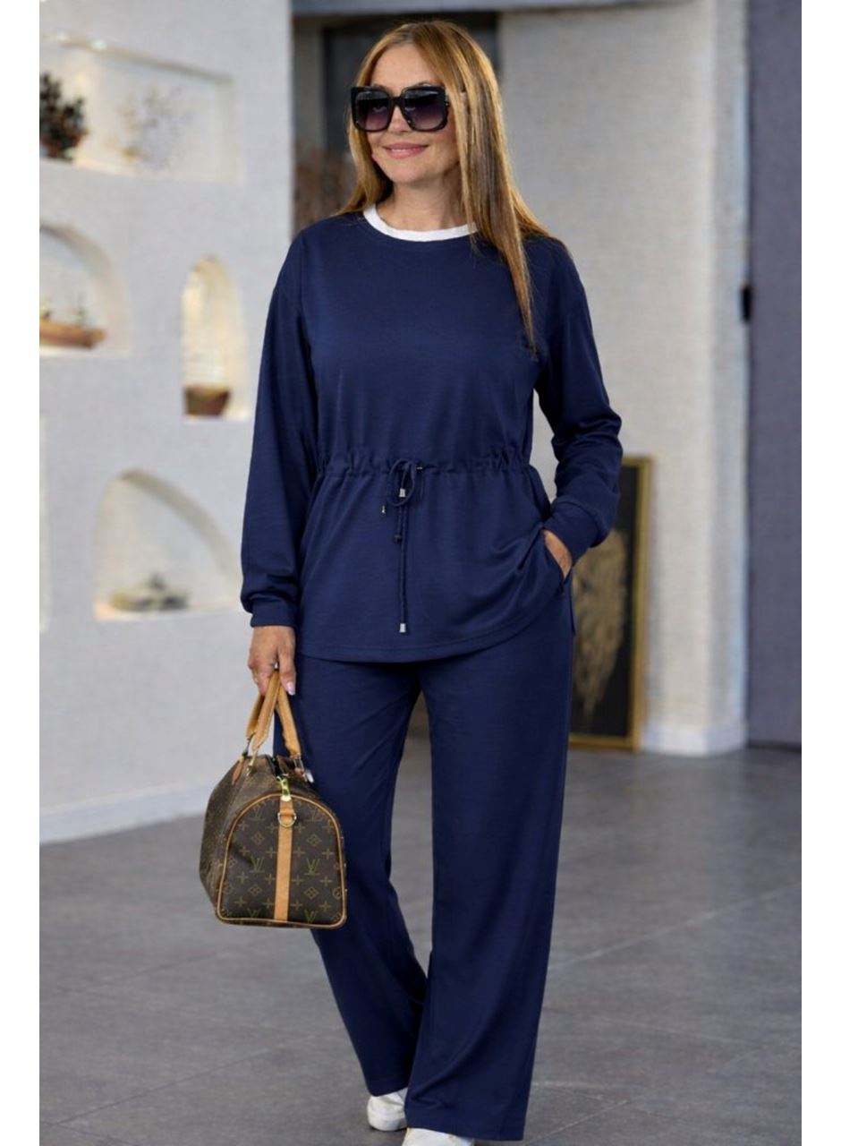 Kadın Uzun Kollu Bisiklet Yaka Belden Büzgülü Bağcıklı Viskon Iki Iplik Bluz Ve Pantolon Ikili Takım