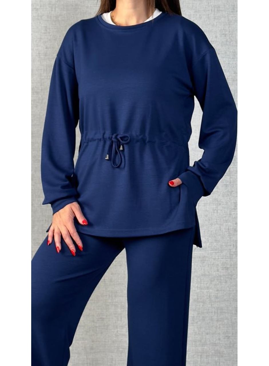 Kadın Uzun Kollu Bisiklet Yaka Belden Büzgülü Bağcıklı Viskon Iki Iplik Bluz Ve Pantolon Ikili Takım