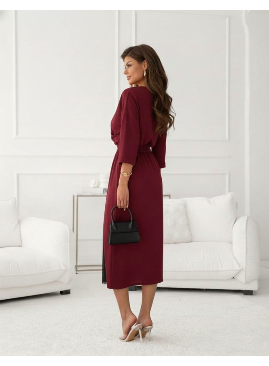 Kadın Uzun Kollu Kruvaze Yakalı Yandan Dantelli Midi Ithal Krep Elbise