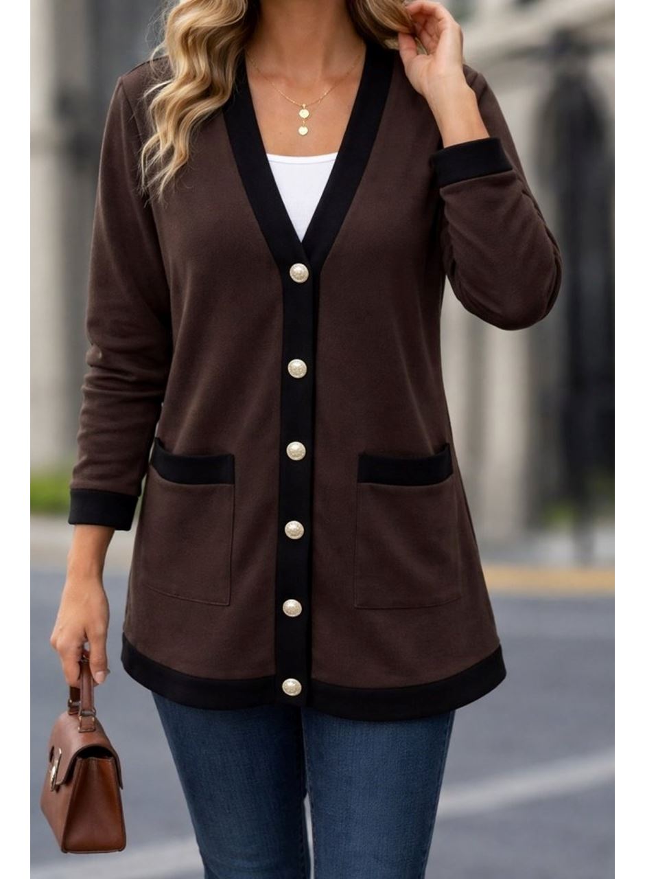 Kadın Uzun Kollu Cepli önden Düğmeli Uzun Modal Ceket Hırka