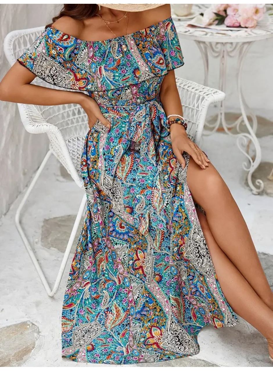 Kadın Kısa Kollu Madonna Yaka Fırfırlı Belden Yırtmaçlı Maksi Süprem Elbise