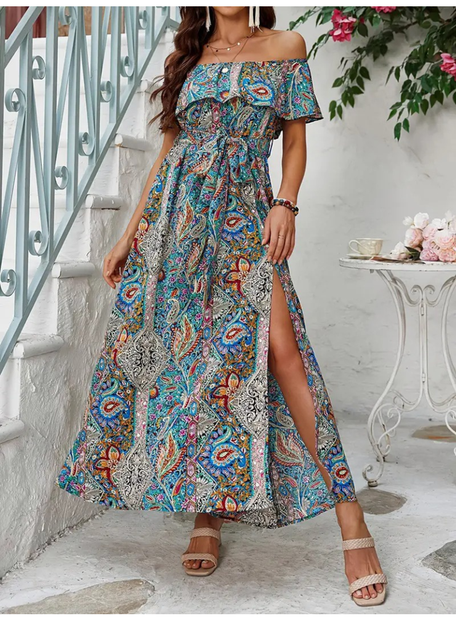 Kadın Kısa Kollu Madonna Yaka Fırfırlı Belden Yırtmaçlı Maksi Süprem Elbise