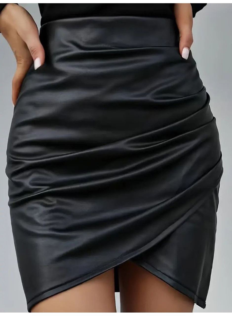 Kadın Yüksek Bel Yandan Fermuarlı Pileli Mini Deri Etek