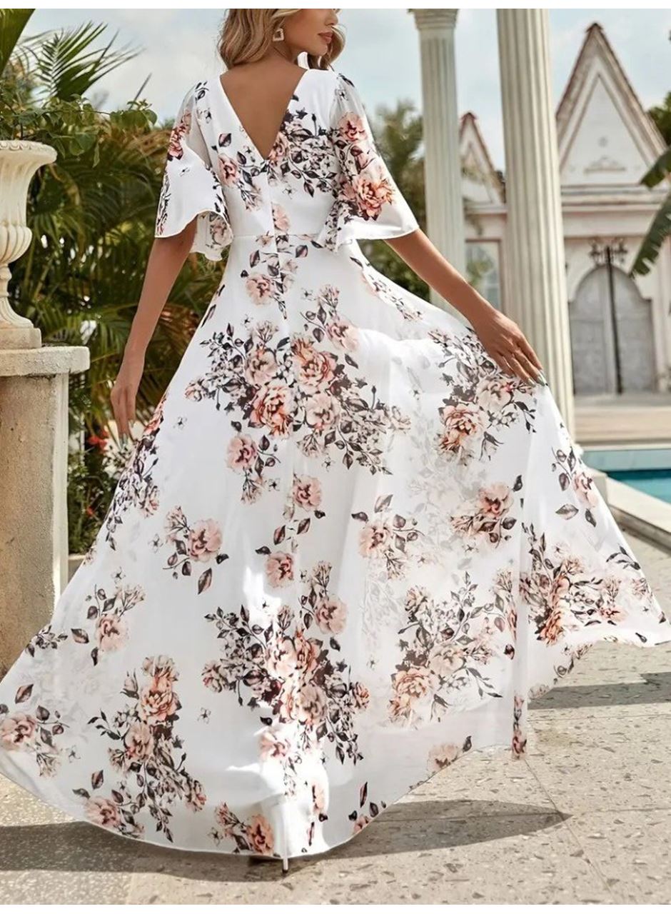 Kadın Kısa Kollu V Yakalı çiçek Desenli Süprem Elbise