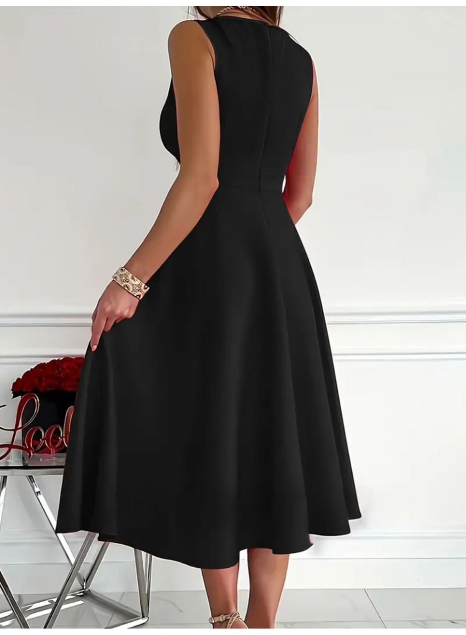 Kadın Ithal Krep Kumaş Kruvaze Yaka Eteği Kloş Kolsuz Mini Elbise