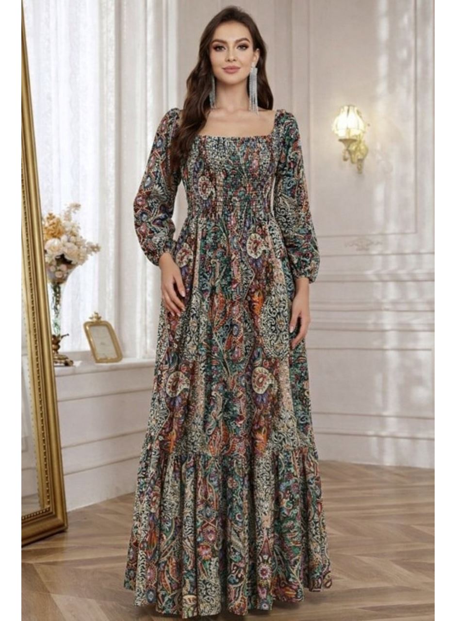 Kadın Düşük Omuzlu Beli Büzgülü Dijital Desenli Kesik Elyaf Süprem Uzun Elbise