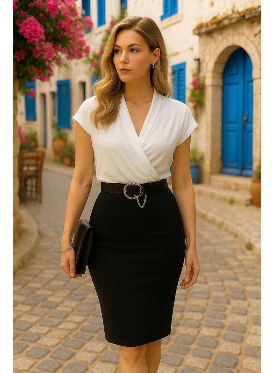 Kadın Kısa Kollu Kruvaze Yaka Krep Elbise (Kemersiz)