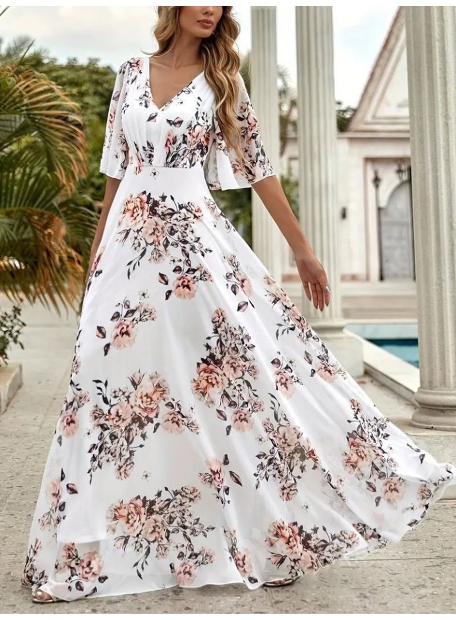 Kadın Kısa Kollu V Yakalı çiçek Desenli Süprem Elbise