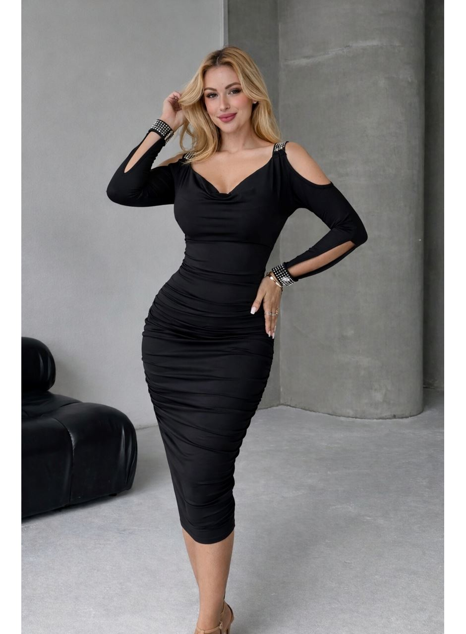 Kadın Omuzlardan Açık Uzun Kollu Taşlı Degaje Yakalı Sandy Midi Elbise