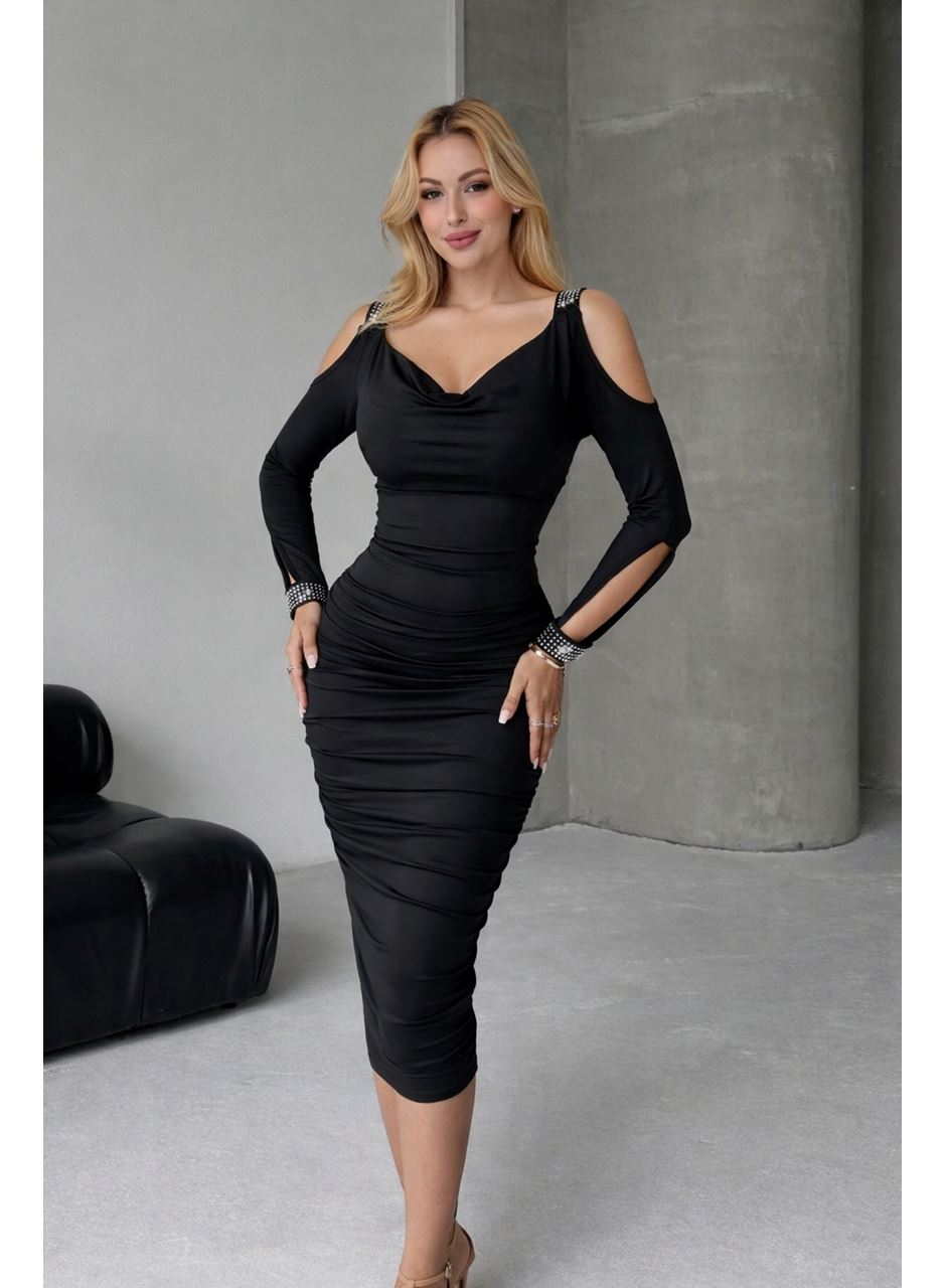 Kadın Omuzlardan Açık Uzun Kollu Taşlı Degaje Yakalı Sandy Midi Elbise