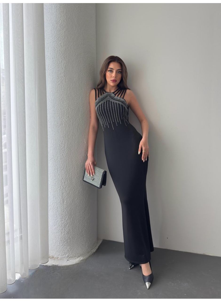 Kadın Omuz çoklu Askılı önü Taş Işlemeli Balık Kesim Janjan Krep Maxi Boy Elbise