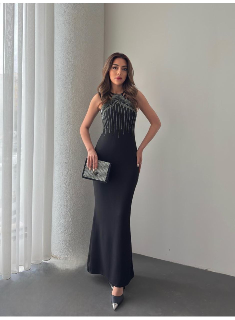 Kadın Omuz çoklu Askılı önü Taş Işlemeli Balık Kesim Janjan Krep Maxi Boy Elbise