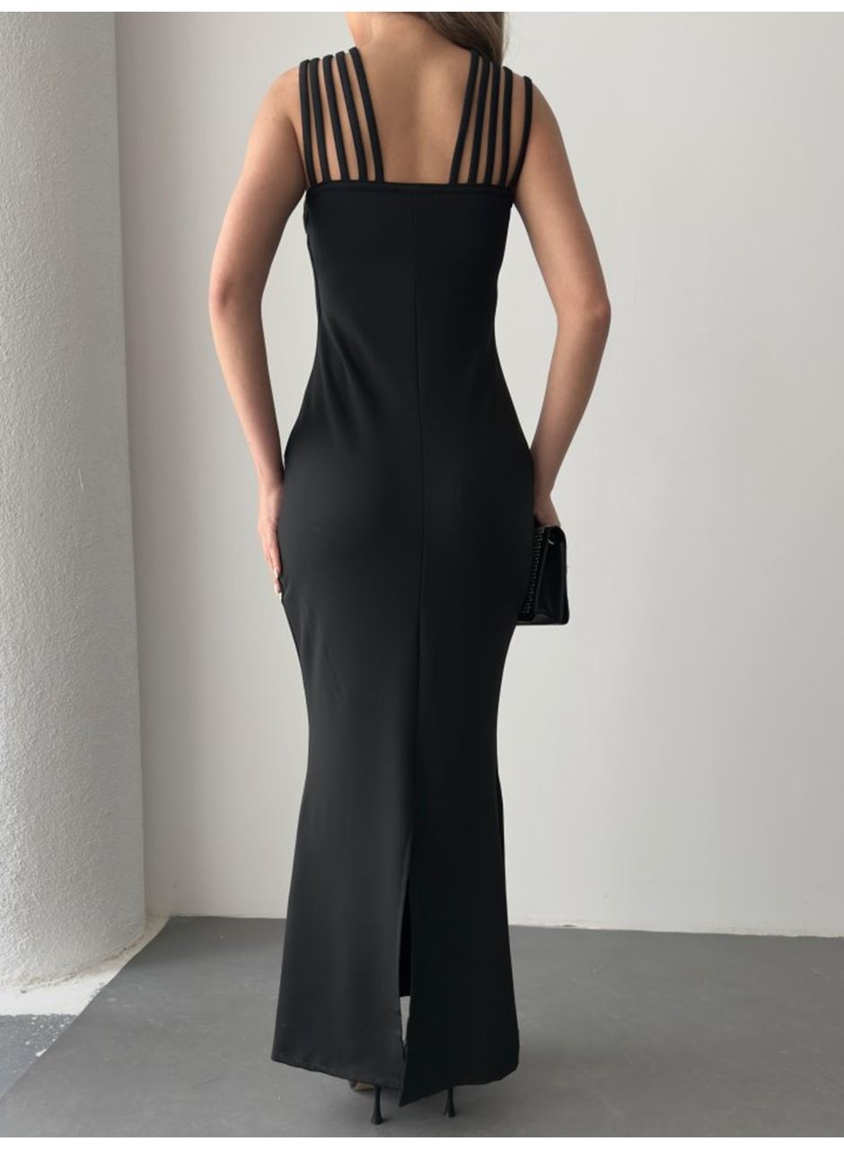 Kadın Omuz çoklu Askılı önü Taş Işlemeli Balık Kesim Janjan Krep Maxi Boy Elbise