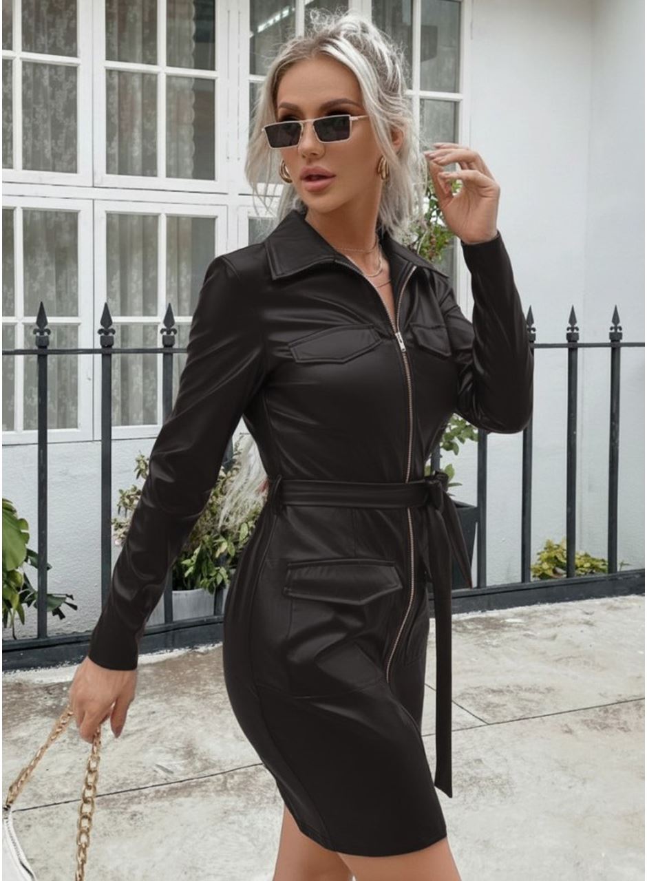 Kadın Uzun Kollu Yakalı Cepli önü Fermuarlı Koyu Kahve Mini Deri Elbise