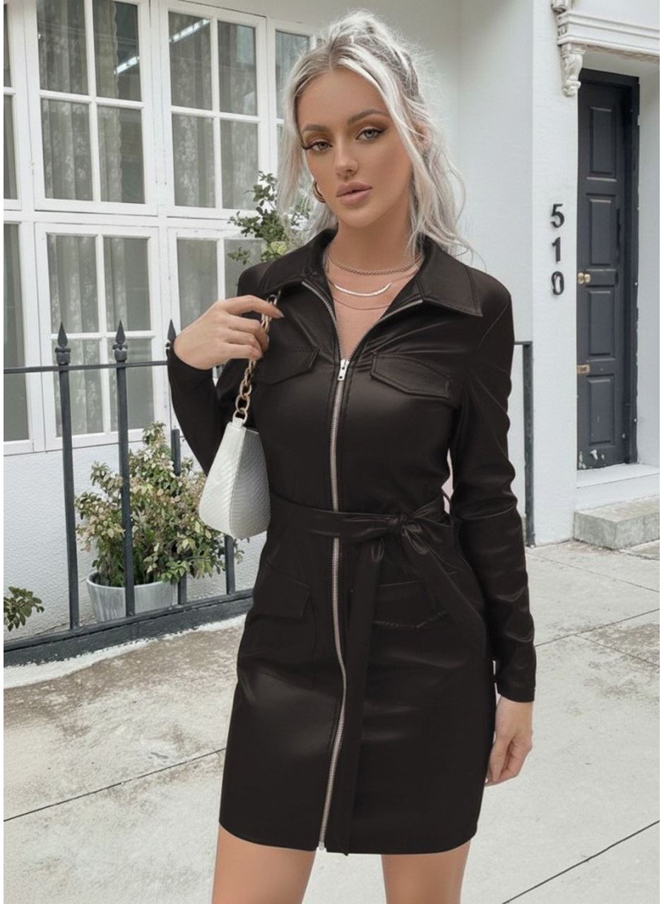 Kadın Uzun Kollu Yakalı Cepli önü Fermuarlı Koyu Kahve Mini Deri Elbise