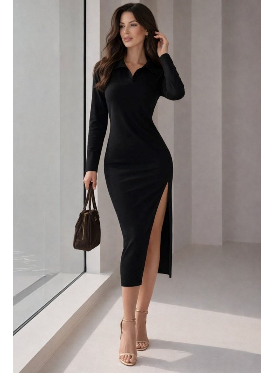 Kadın Uzun Kollu Yakalı Yandan Yırtmaçlı Midi Modal Elbise