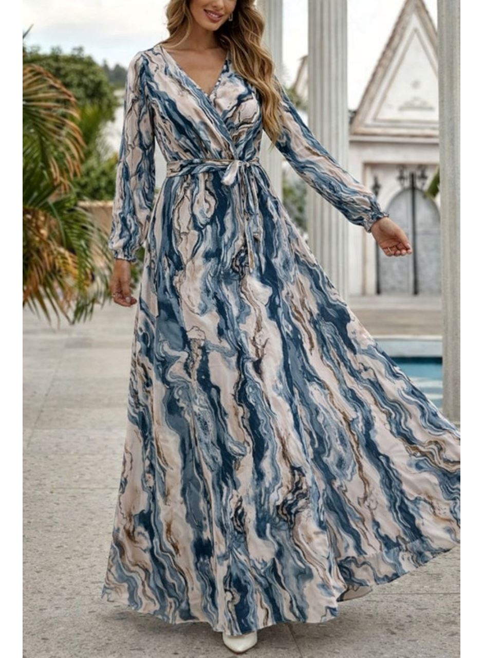 Kadın Uzun Kollu Kruvaze Yakalı Beli Kuşaklı Desenli Süprem Maxi Elbise