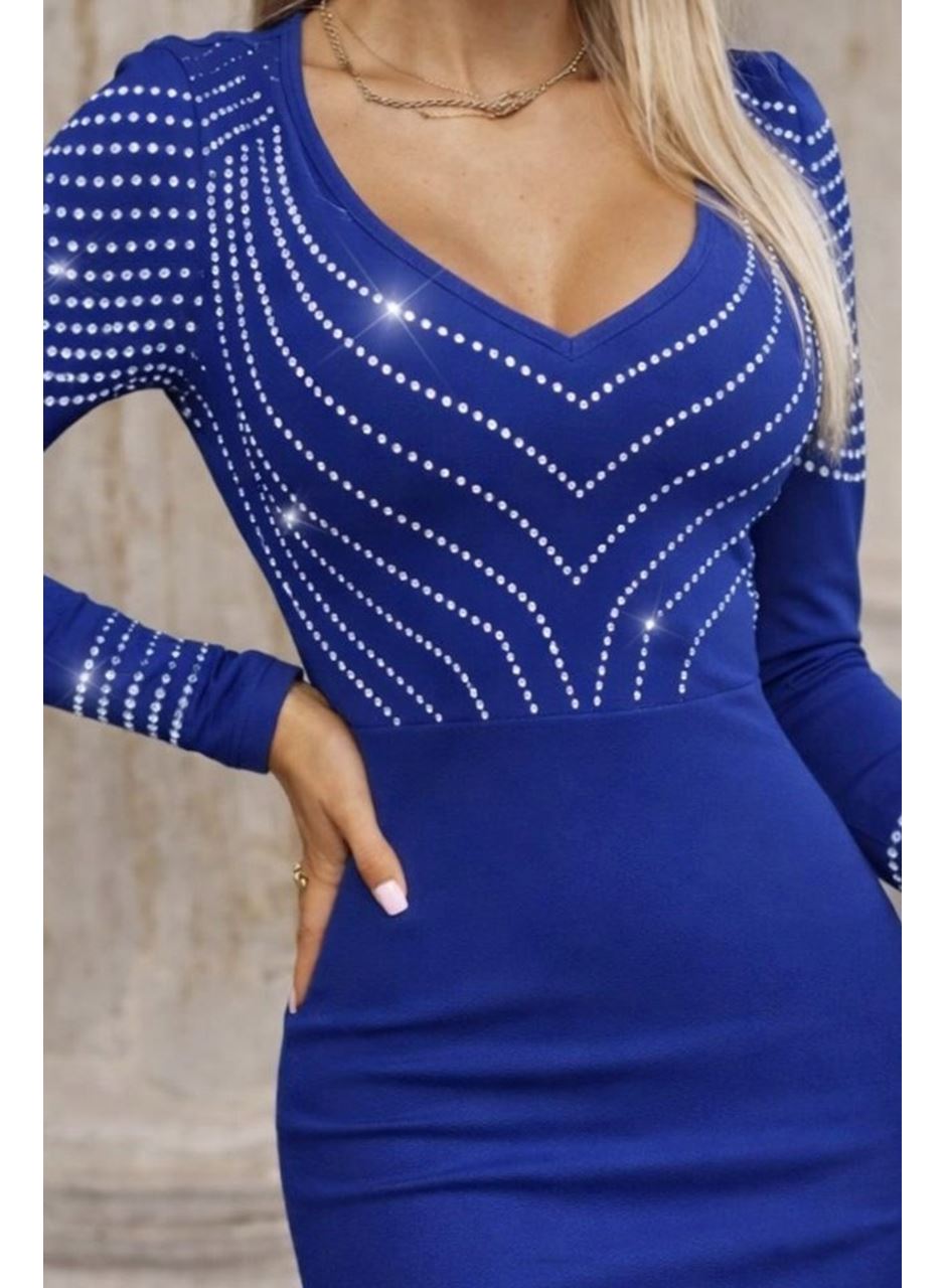 Kadın Uzun Kollu V Yakalı Taşlı Mini Ithal Krep Elbise