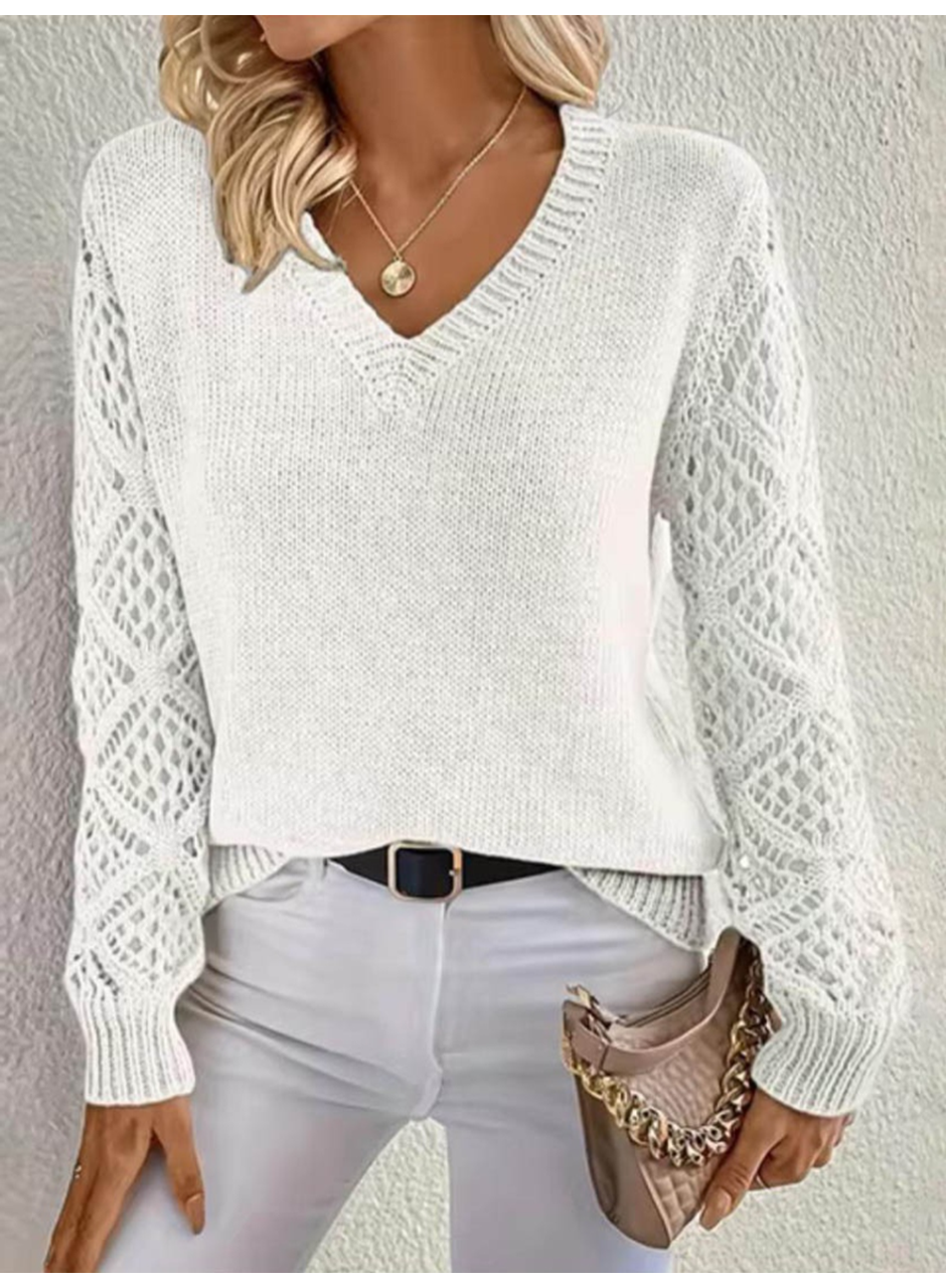 Kadın Uzun Kollu V Yaka Kol Delikli Baklava Desen Detaylı Triko Kazak