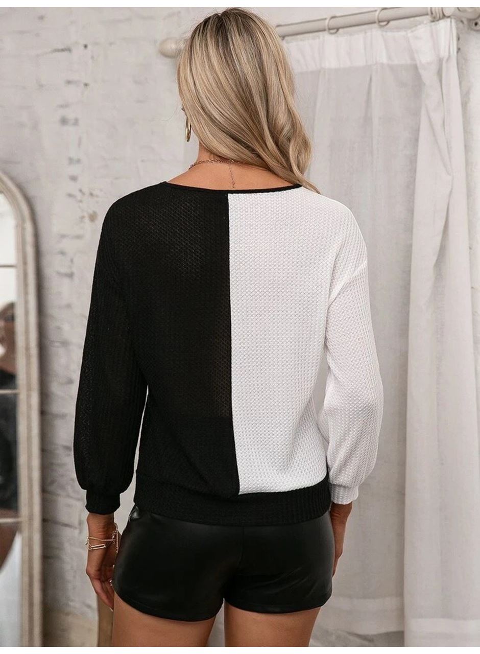 Kadın Uzun Kollu V Yakalı çift Renkli Triko Bluz