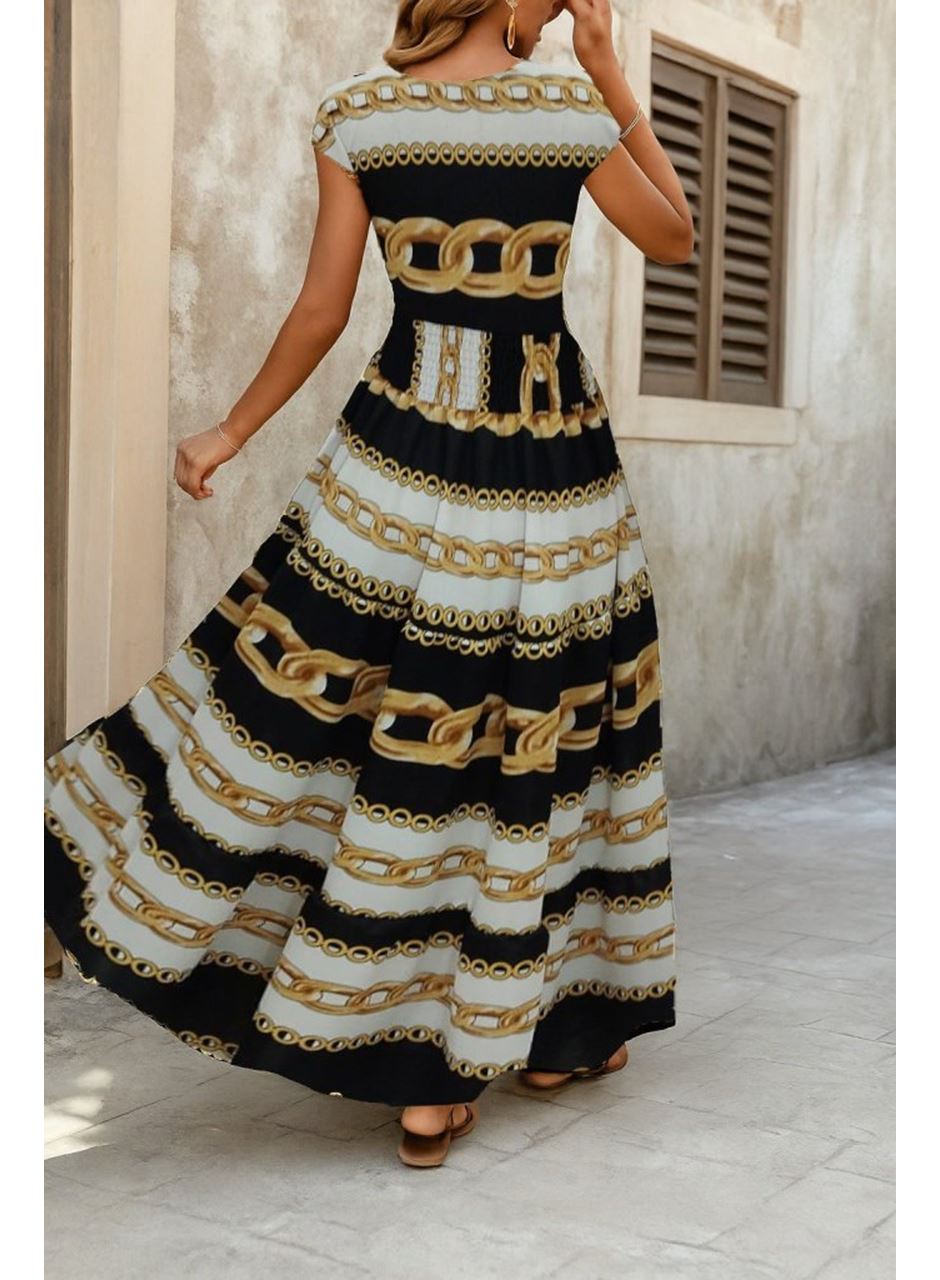 Kadın Kısa Kollu Kruvaze Yaka Beli Lastikli Süprem Maksi Boy Elbise